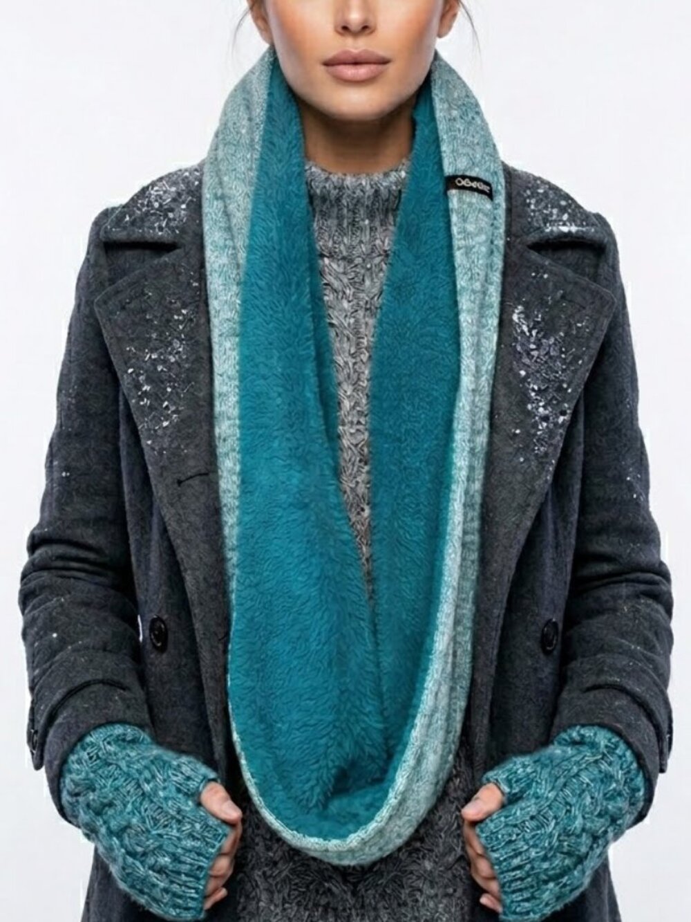 Calvin Klein Gorpcore Teal Marled Knit Sherpa Fleece Lined Winter Infinity Scarf - Picture 2 of 11